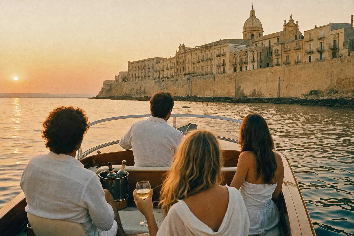 Friends in white linen on a wooden boat at sunset below Ortigia's sea walls