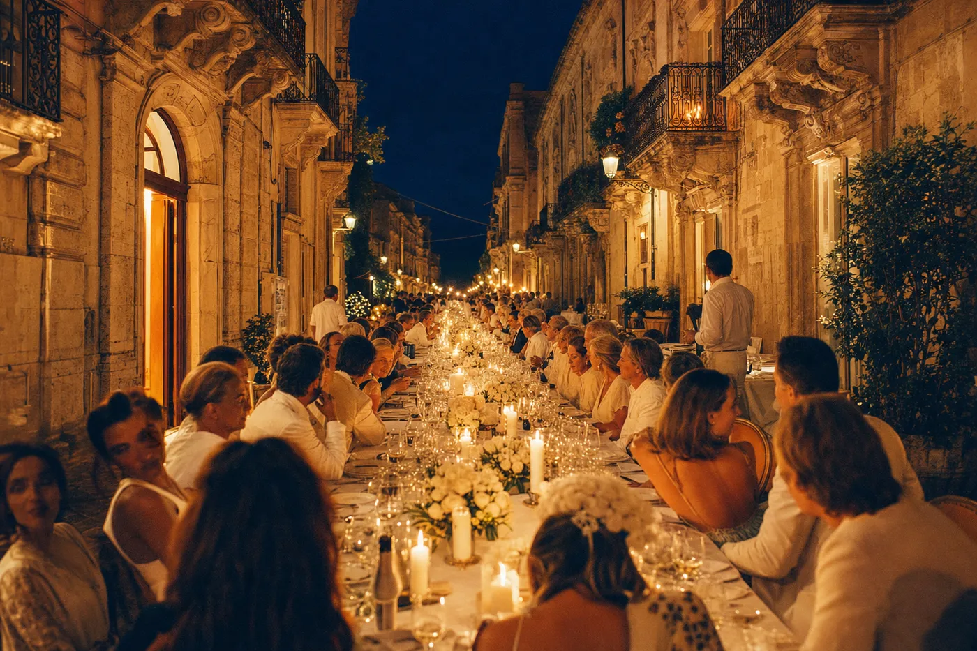 A long candlelit table in white linen down a baroque street at night