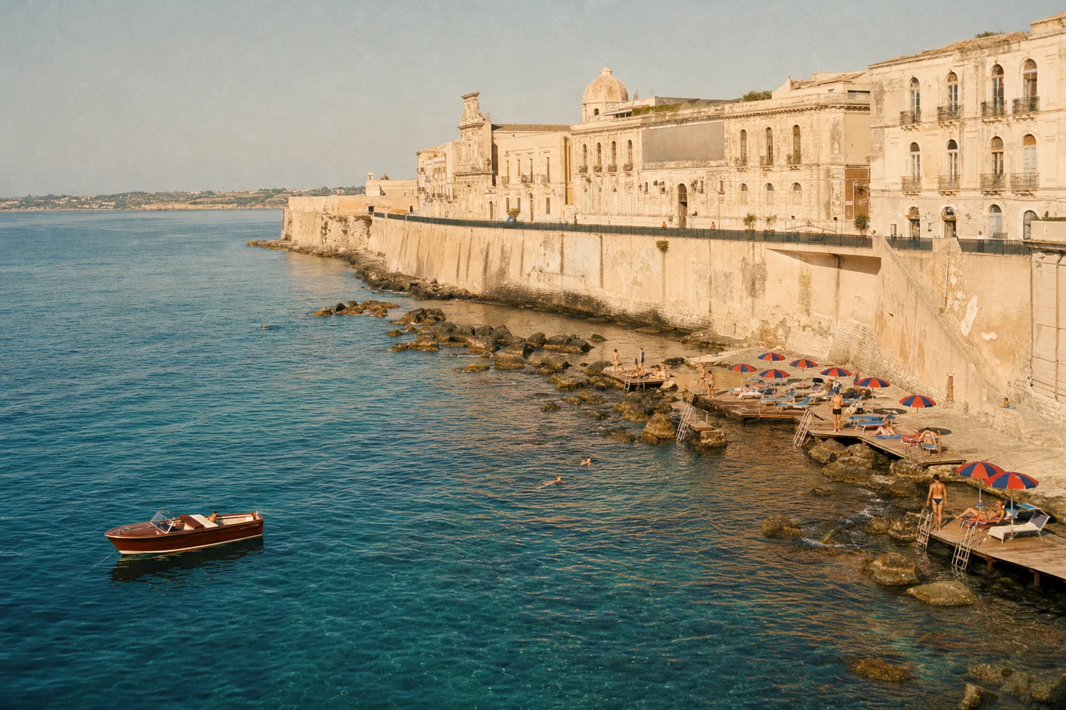 Honey-coloured sea walls above swimmers on wooden platforms, striped umbrellas and a wooden motorboat