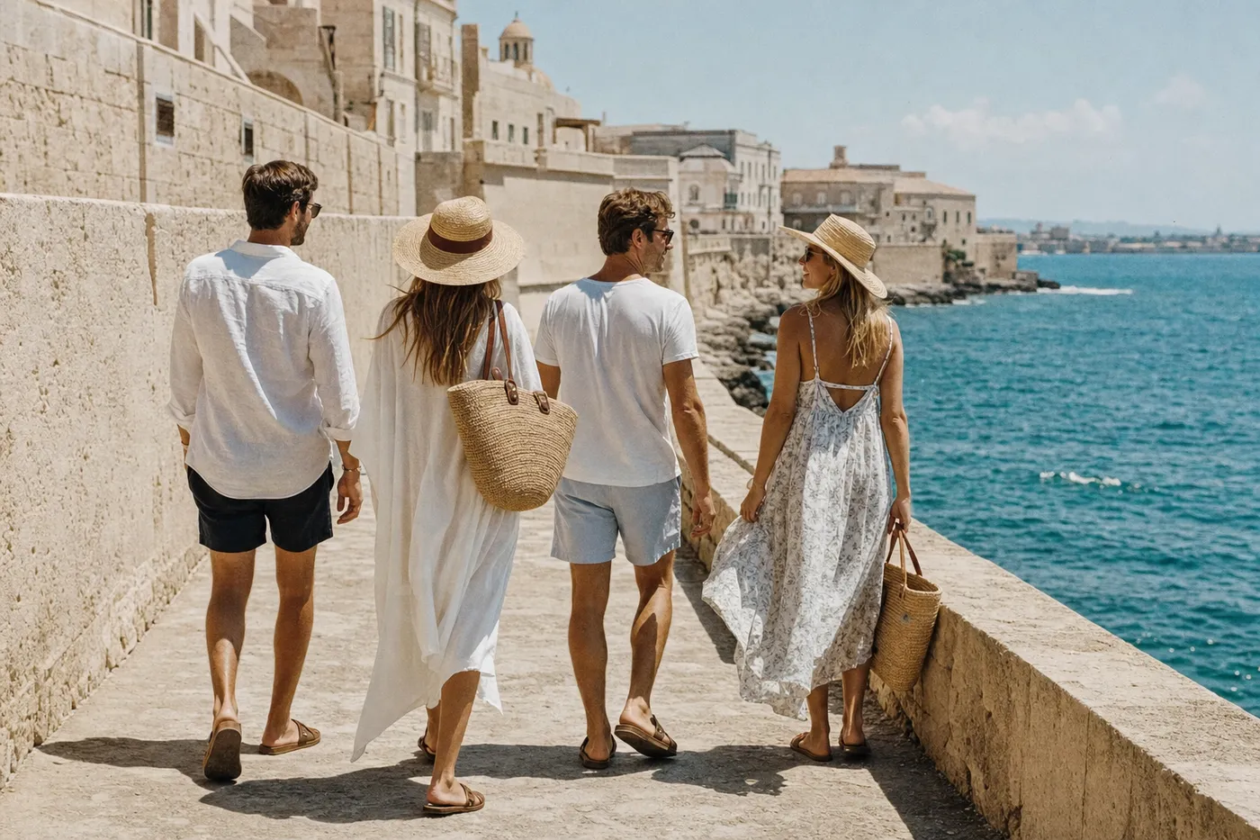Amigos caminando por la muralla de Ortigia con traje de baño, lino y sombreros de paja