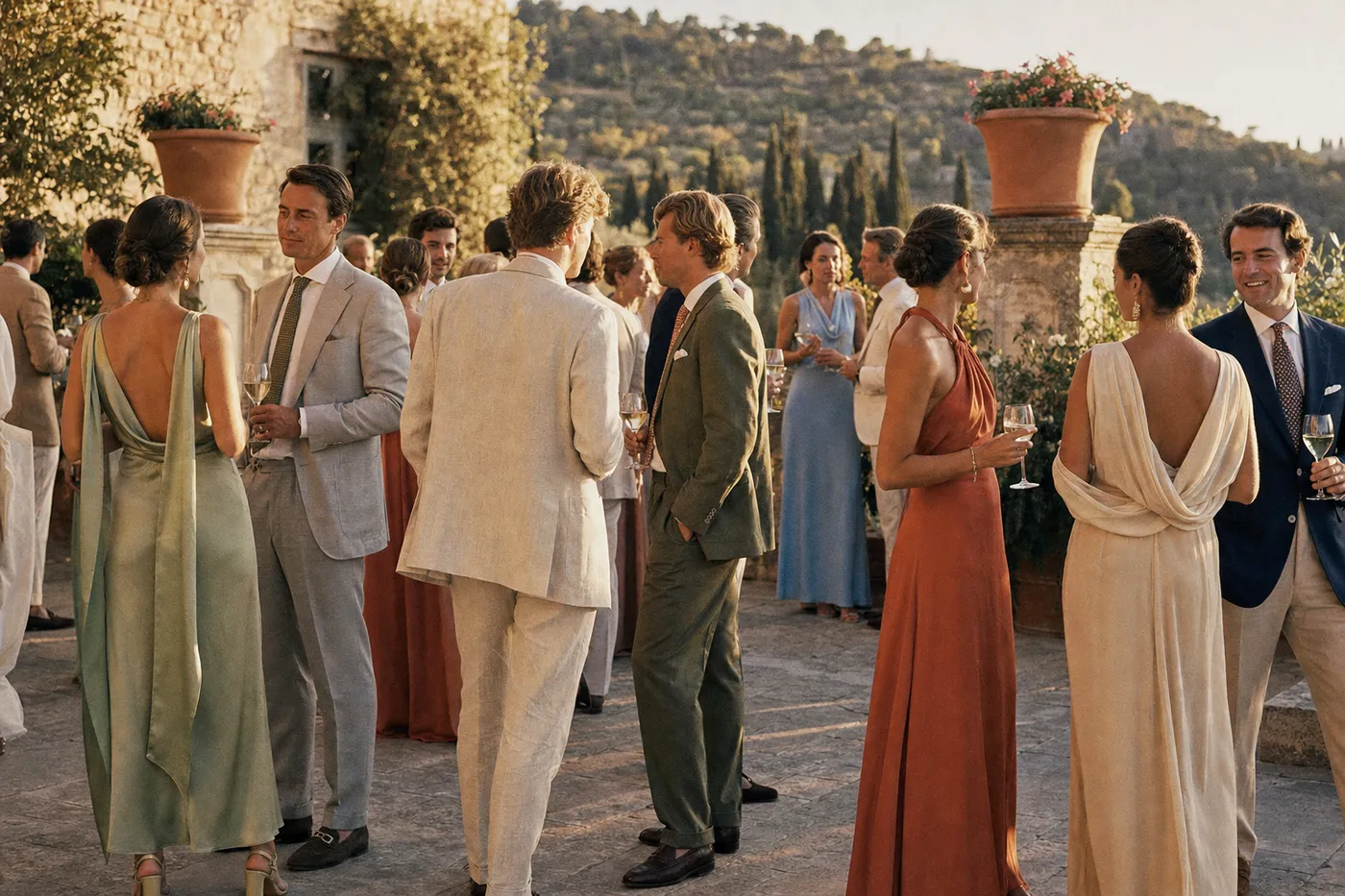 Invitados a la boda con trajes ligeros de verano y corbata, y vestidos largos