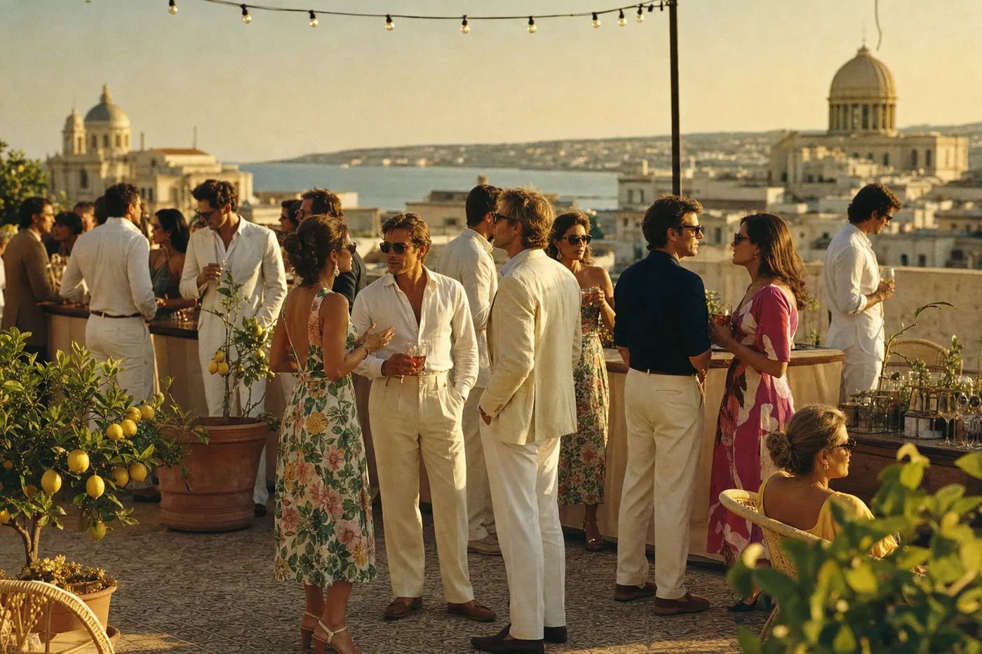 Invitados de lino y vestidos de verano en una fiesta en una azotea al atardecer
