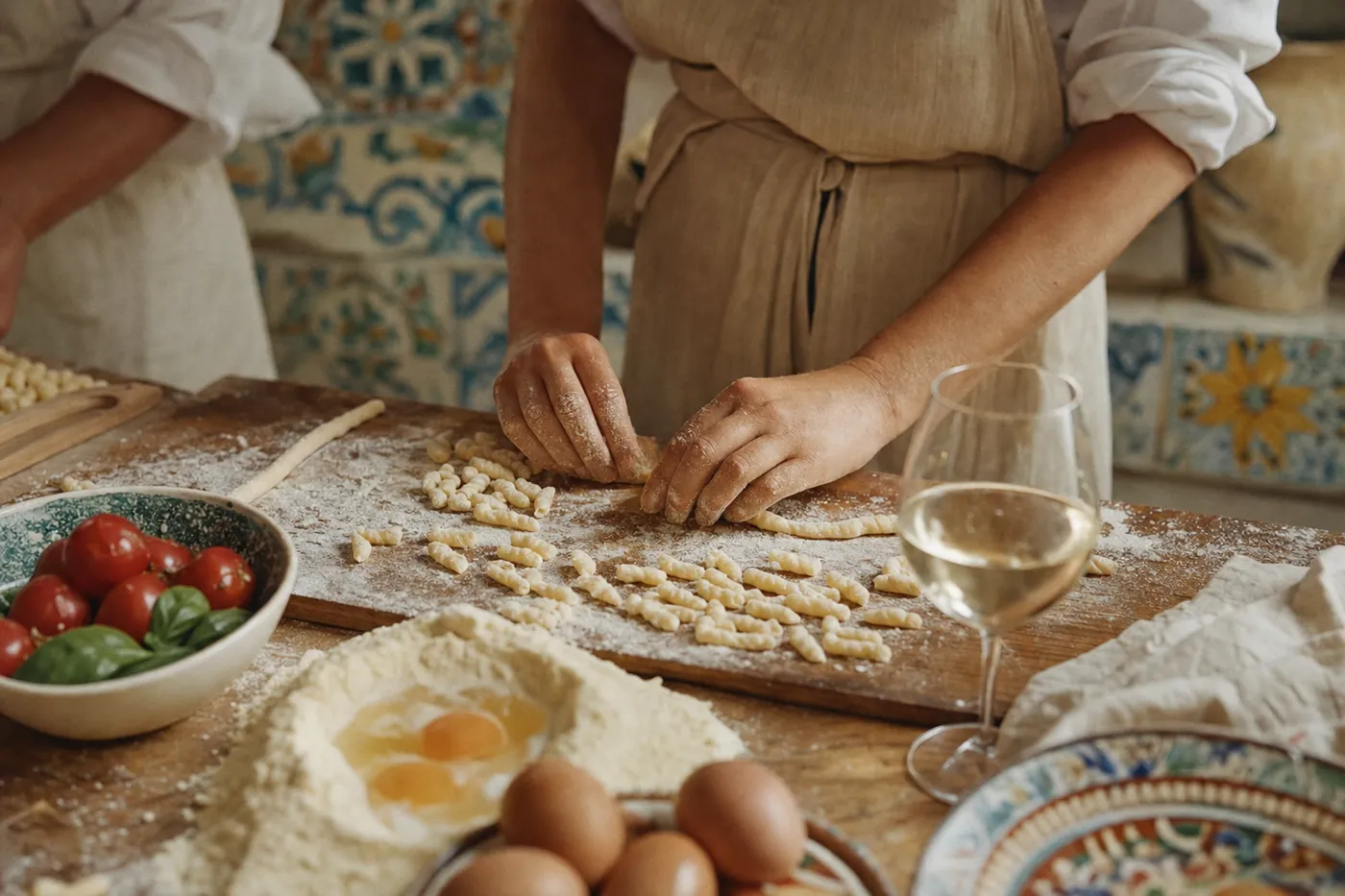 Hands rolling fresh busiate on a floured board in a tiled Sicilian kitchen