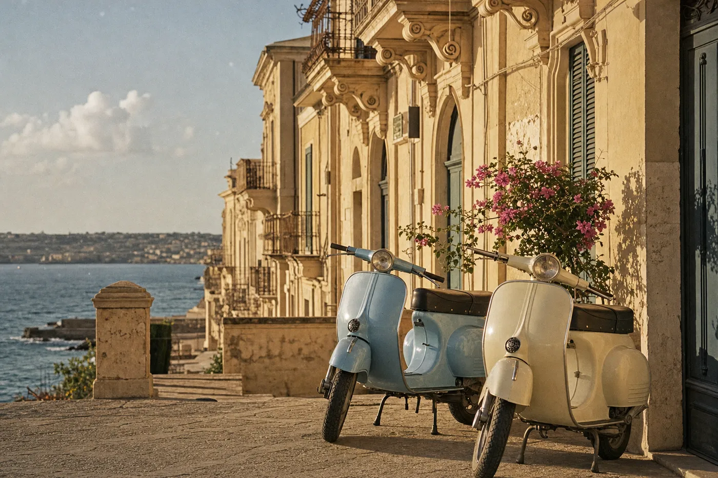 Two vintage Vespas parked on a baroque street by the sea