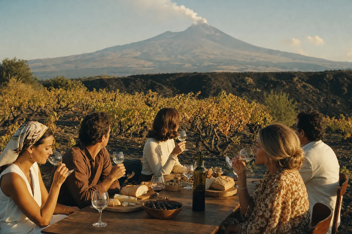 A wine tasting at sunset among the vines on Etna's slopes